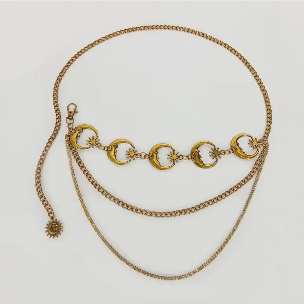 Celestial Crescent Moon & Star layered multi cascade‎ Chain Belt Boho western